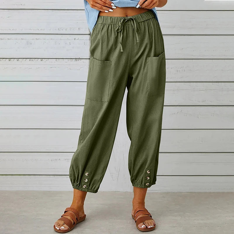 Cotton Linen Harem Pants Women Casual Elastic High Waist Lace Up Loose Ankle Trousers Vintage Harajuku Wide Leg Straight Pants