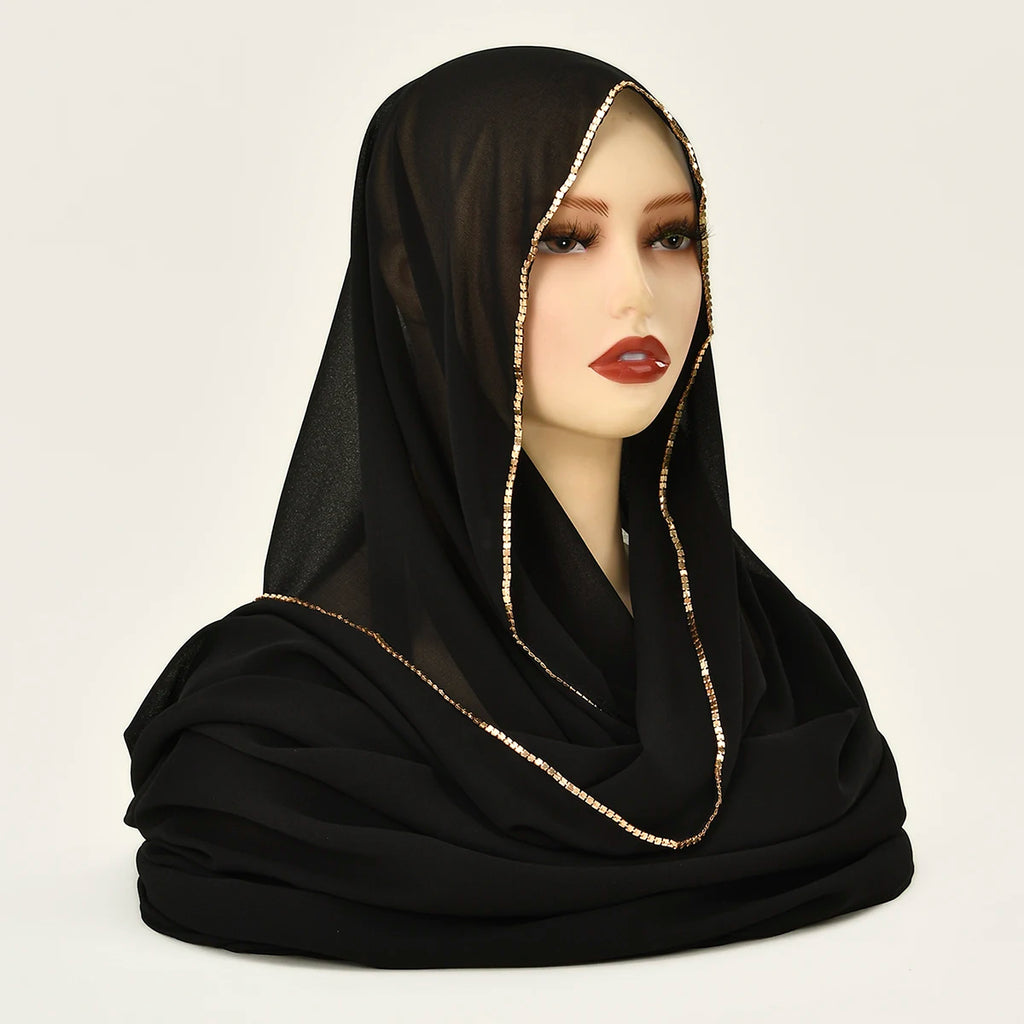 Rhinestone Chiffon Hijab Scarf For Women Stretch Shawl Plain Muslim Headband Fashion Solid Color Long Muffler