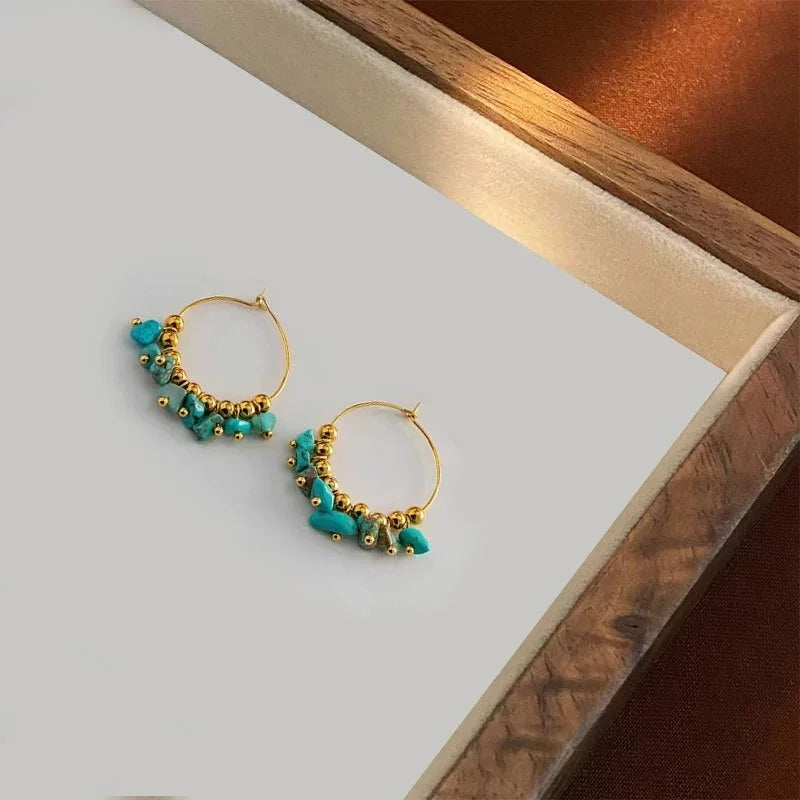 Bohemia Style Handmade Stainless Steel Turquoise Crystal Gold Ball Beads Earrings