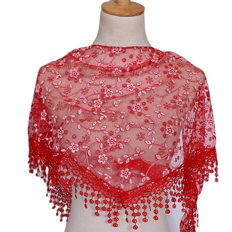 Women Triangle Scarf for Church Prayer Shawl Embroidered Lace Veil Floral Tassel Veils Mantillas for The Church's Pendant Scarve