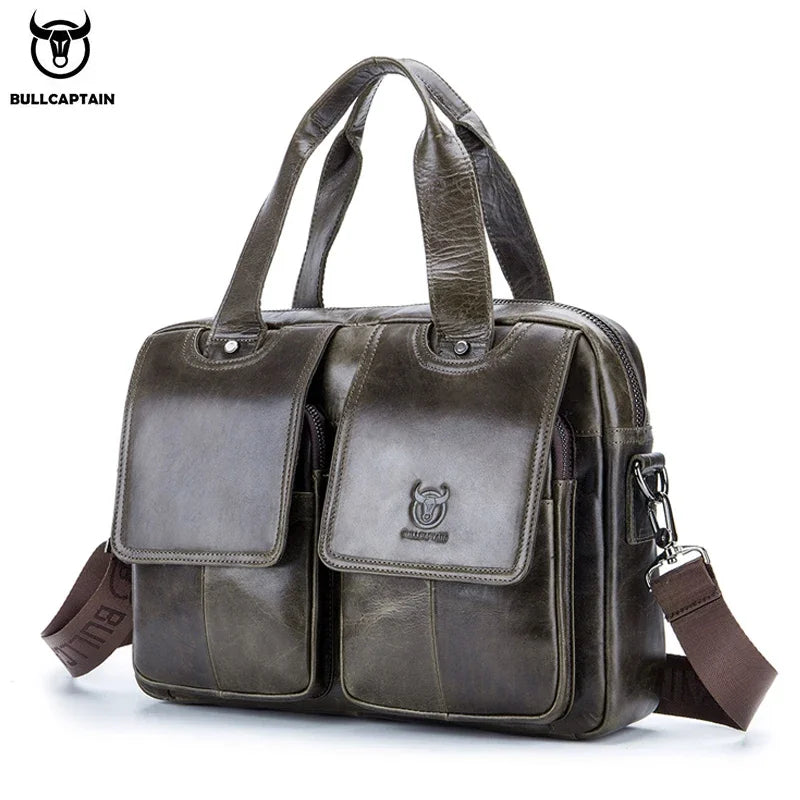 BULLCAPTAIN Men's Real Leather Briefcase 14 Inch Laptop Sleeve ,Casual Shoulder Messenger Bag, Tote, Work, Office, 042