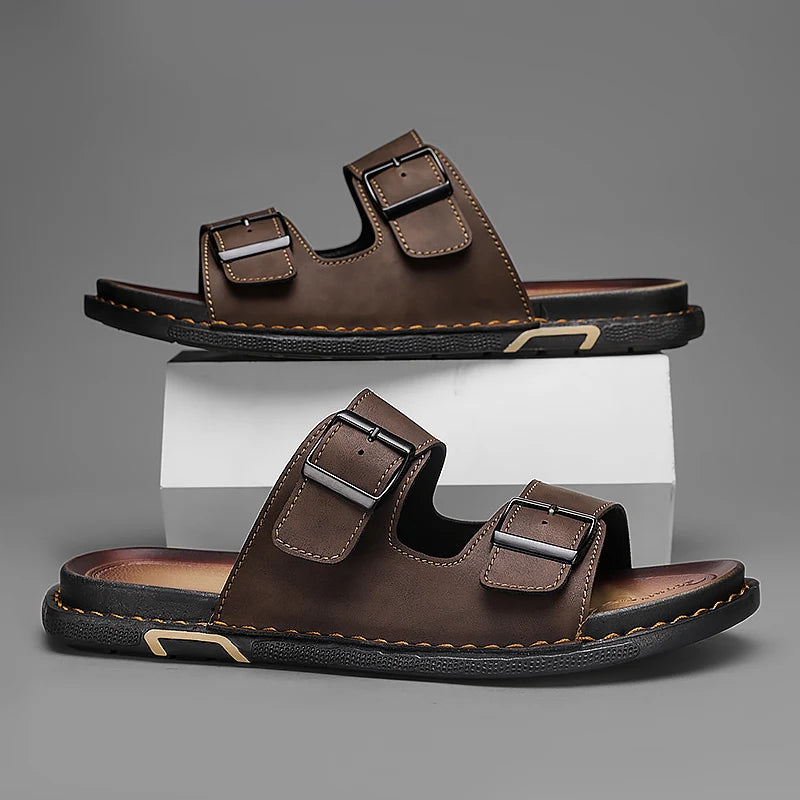 Fashion sandals for men, PU leather, metal details, buckle strap, plus size, summer beach men's mid heeled shoes, luxury sandals