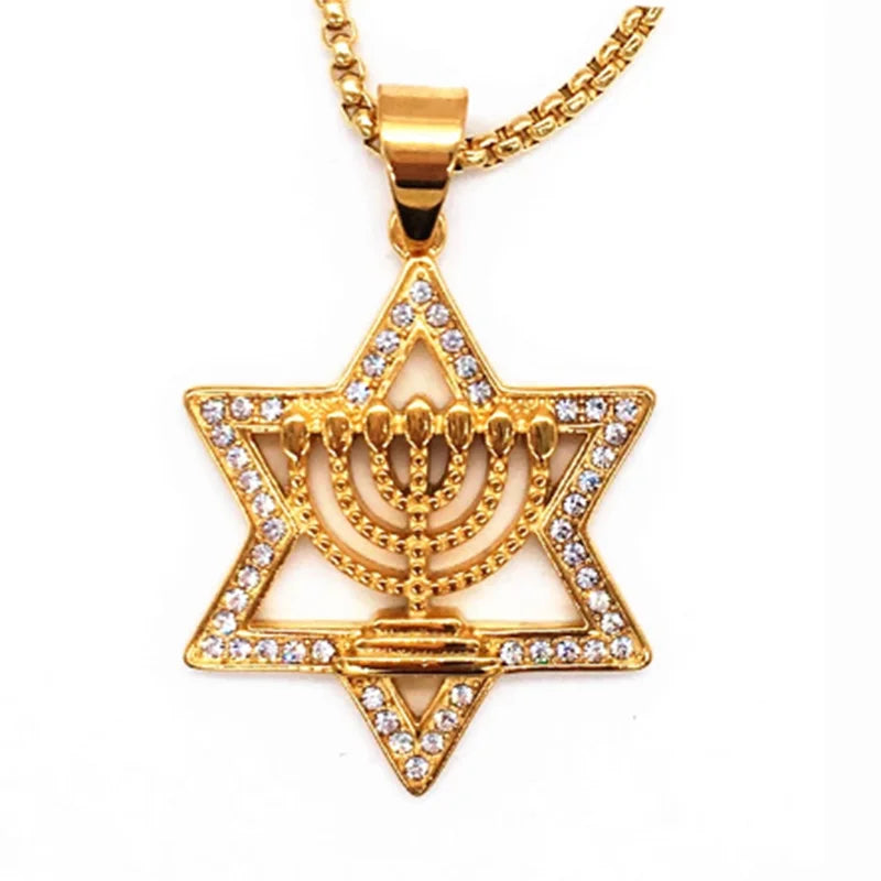 Menorah Pendant Judaica Necklace Women/Men Religious Symbols Jewelry Long Chain