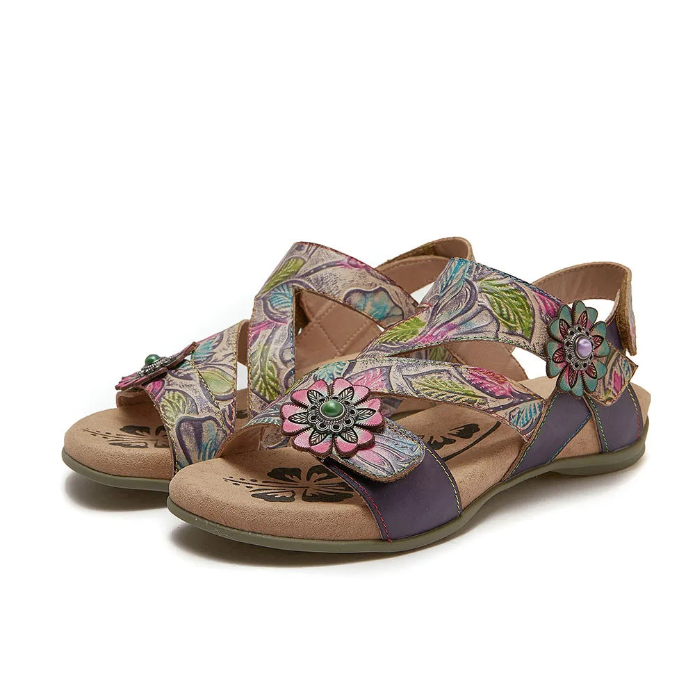 Johnature Bohemian Vintage Printed Genuine Leather Sandals Summer 2025 New Versatile Lightweight Women's Shoes