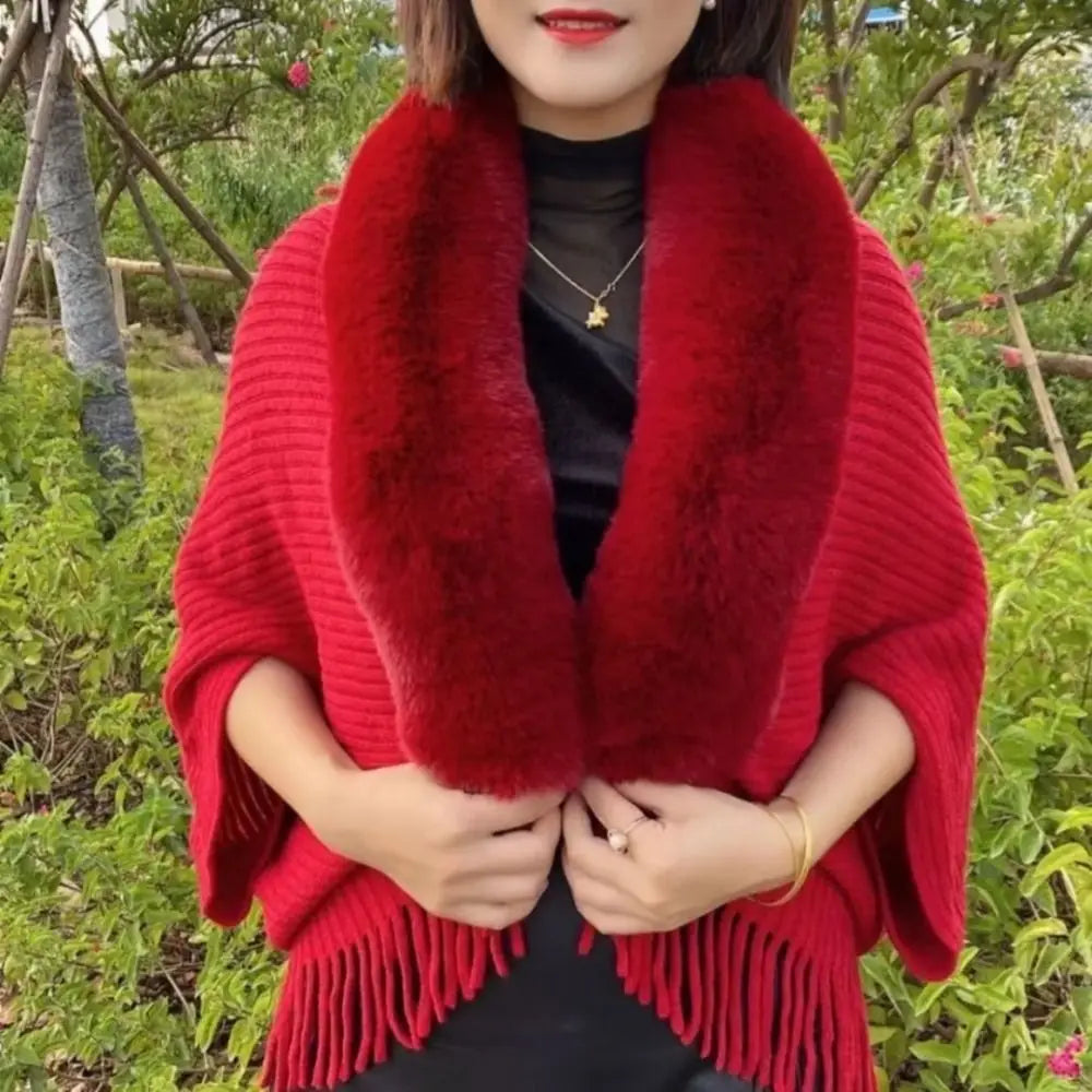 Knitting Thick Women's Loose Shawl with Faux Fur for Evening Dresses Wedding