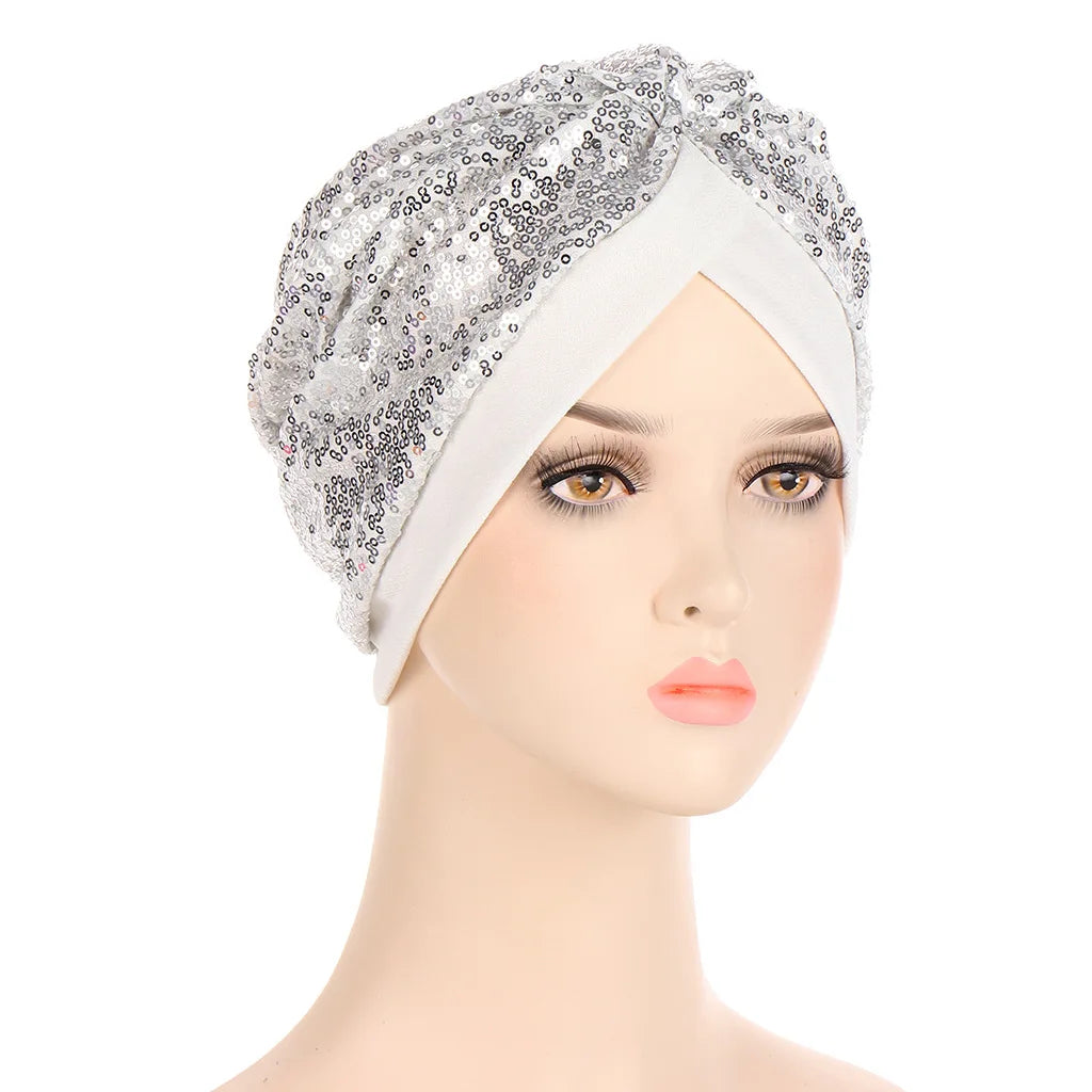 Muslim Headscarf Bonnet Glitter Sequins Hijab Turban Female Head Wraps India Hat Islam Headwear Accessories Chemo Caps beanies