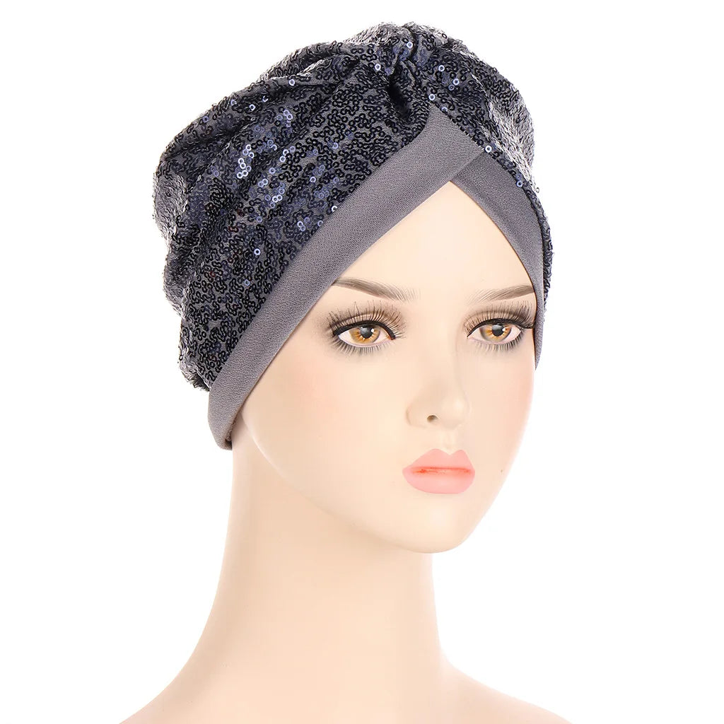 Muslim Headscarf Bonnet Glitter Sequins Hijab Turban Female Head Wraps India Hat Islam Headwear Accessories Chemo Caps beanies