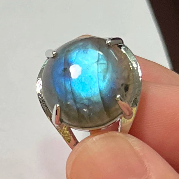 Ring Natural Stone Round Bead Blue Labradorite Adjustable Finger