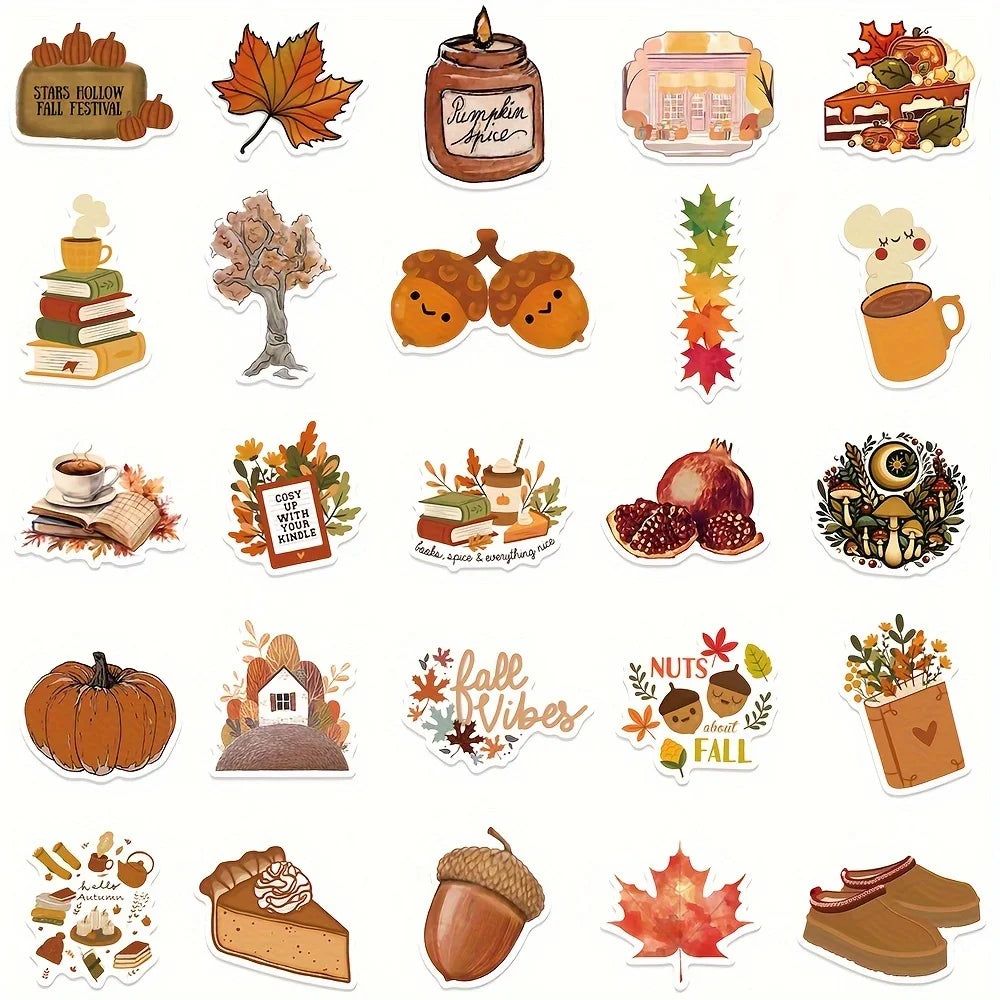 50PC Fall Series Stickers Thanksgiving Decor Maple Leaf Harvest Stickers Phone Case Laptop Bag Waterproof StickersCelebrate Gift