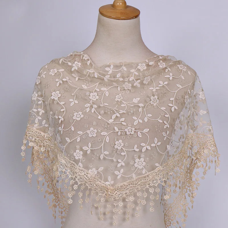 160*50cm Women Tassel Triangle Scarf for Church Prayer Shawl Embroidered Lace Veil Floral Headcovering Veils for the Church's