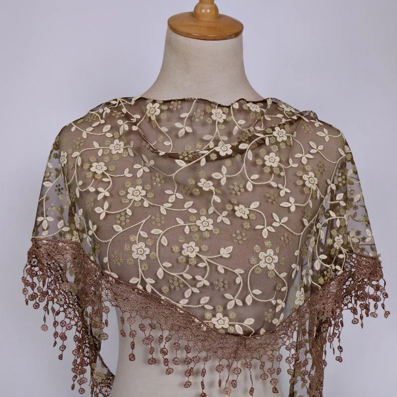 Women Triangle Scarf for Church Prayer Shawl Embroidered Lace Veil Floral Tassel Veils Mantillas for The Church's Pendant Scarve