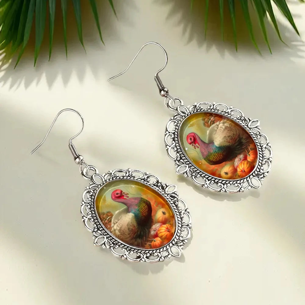 New Autumn Thanksgiving Earrings Turkey Oval Glass Dome Alloy Dangle Earrings Thanksgiving Gift Jewelry Gift