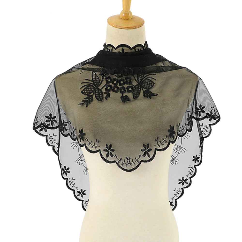 2024 New Triangle Scarf Lace Veil Sheer Floral Scarves Church Prayer White Embroidered Hijab Shawls Women Muslim Wedding Turban