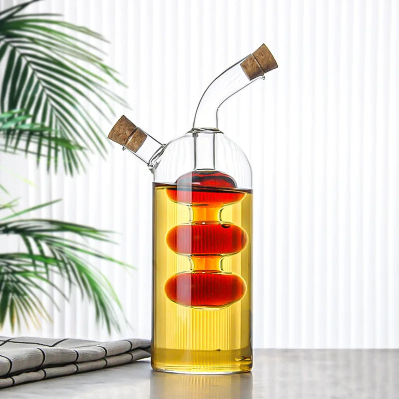 Double-layer Glass Oil Jug 2-in-1 Oil Vinegar Bottle Home Creative Double-mouth Cork Shaped Glass Oil Jug Kitchen Seasoning Tool