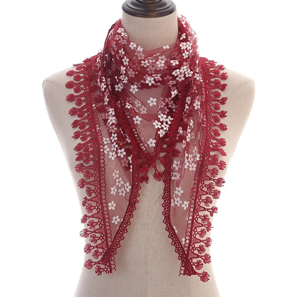 Fashion Women Triangle Wrap Fringed Shawls Head Scarf Tassel Embroidery Lace Scarves Flower Hijab Bandana Prayer Kerchief Church