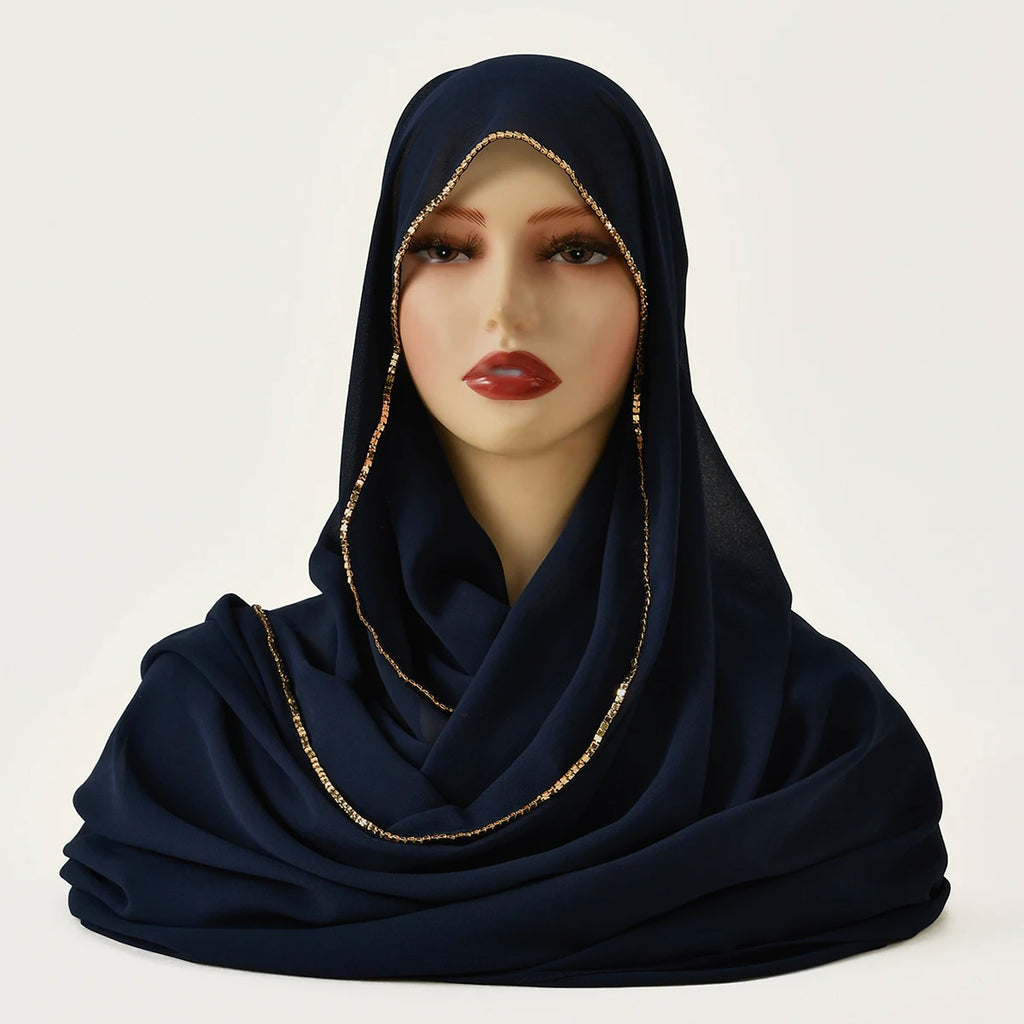 Rhinestone Chiffon Hijab Scarf For Women Stretch Shawl Plain Muslim Headband Fashion Solid Color Long Muffler