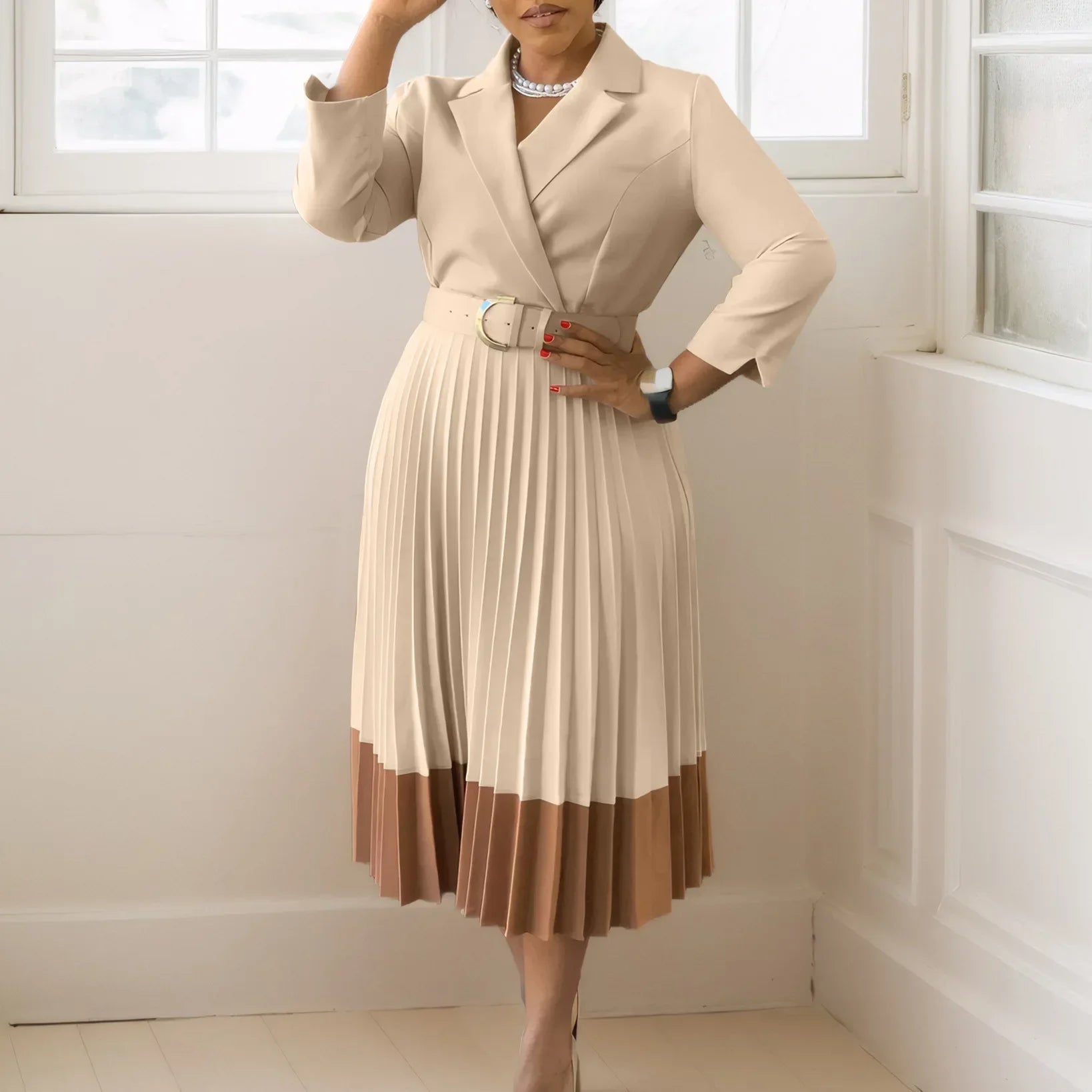 A-line Pleated Blazer Dresses for Women High Waisted Party Suit V-neck Long Sleeved Elegant African Modest African Work Wear New