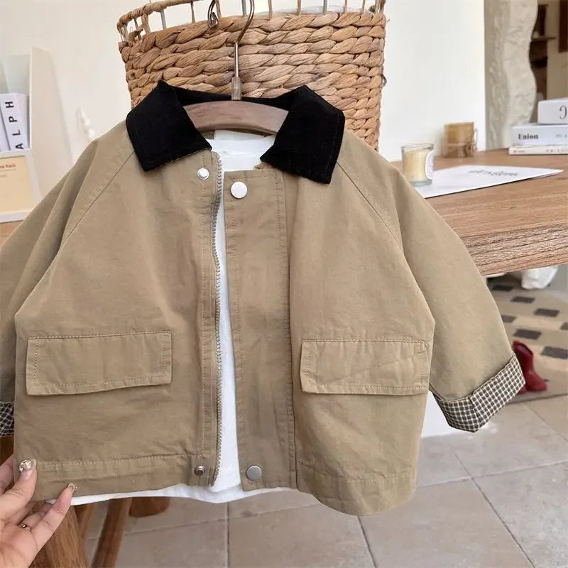2023 Spring Loods Cotton Simple Clean Fashion Casual Comfortable Kid Unisex Outerwear Turn-down Collar Zipper Full Sleeve