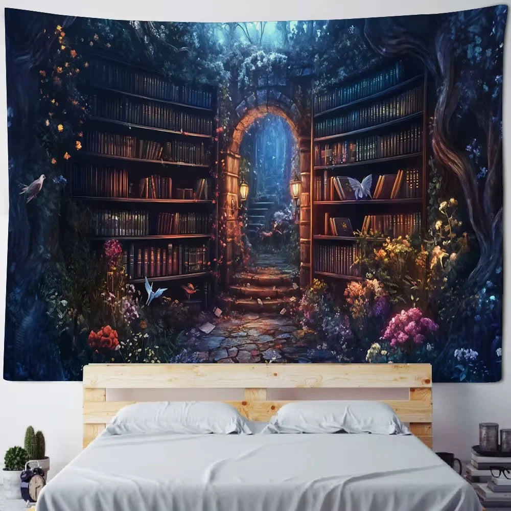 Magic Bookshelf Tapestry Library Living Room Wall Hanging Decoration Items Aesthetic Dorm Home Decor Wall Art Background Cloth