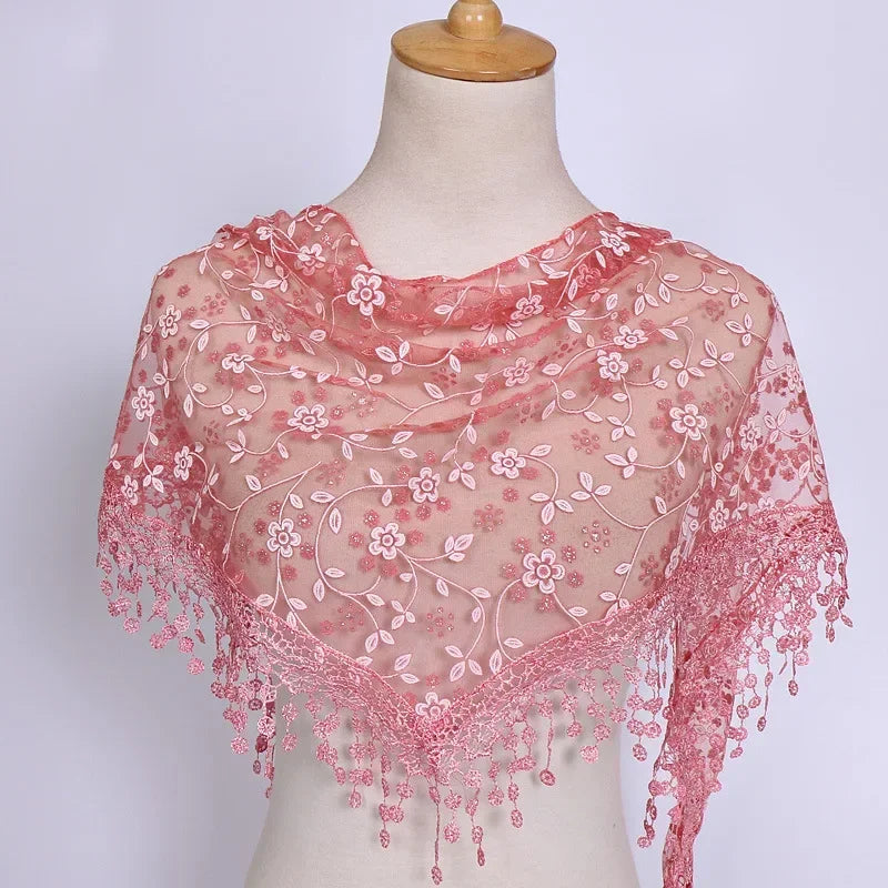 Fashion Women Triangle Wrap Fringed Shawls Head Scarf Tassel Embroidery Lace Scarves Flower Hijab Bandana Prayer Kerchief Church
