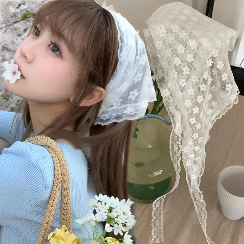 Sweet Flower Triangle Hair Scarf Women Girls Square Scarf Headband Korean French Pastoral Headdress Summer Lace Headwear
