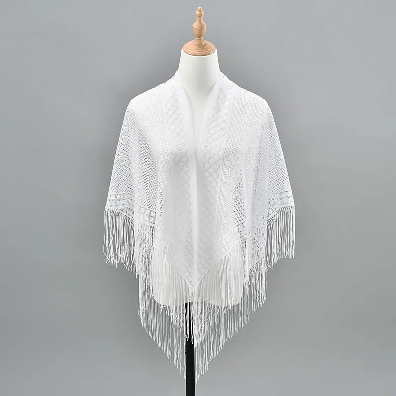 Fashion Women Triangle Wrap Fringed Shawls Head Scarf Tassel Embroidery Lace Scarves Flower Hijab Bandana Prayer Kerchief Church