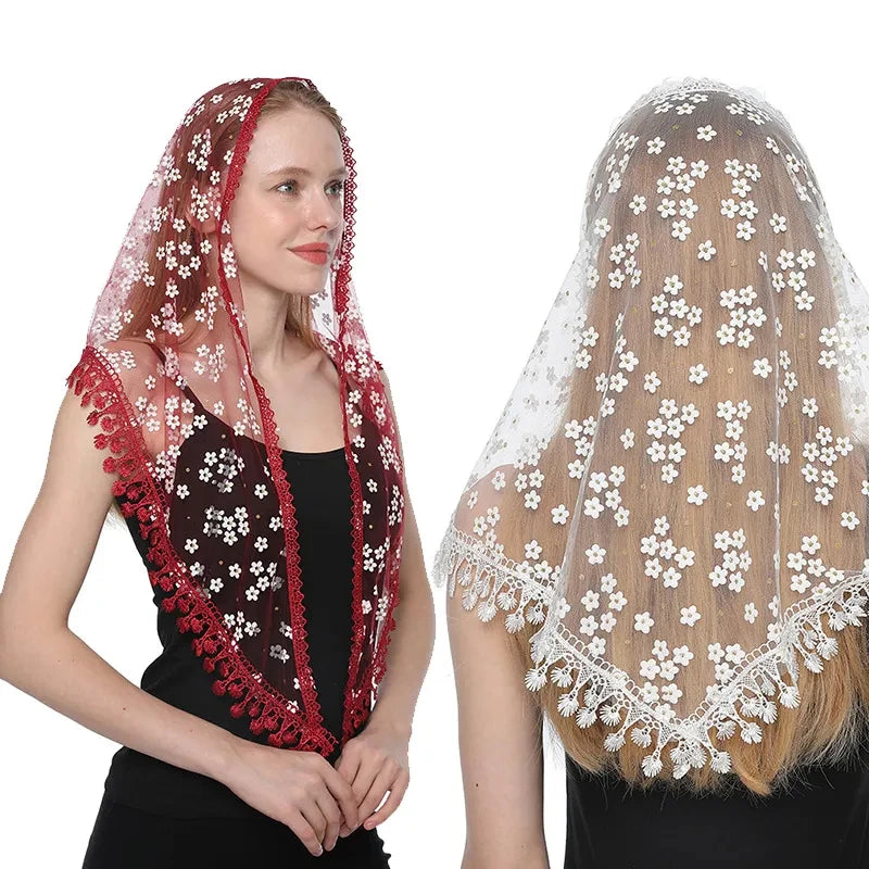 160*50cm Women Tassel Triangle Scarf for Church Prayer Shawl Embroidered Lace Veil Floral Headcovering Veils for the Church's