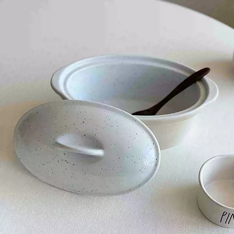 Korean Style Simple Ceramic Bowl Oval Shape Solid Color Large Capacity Soup Bowl High Quality Household Rice Tablewares