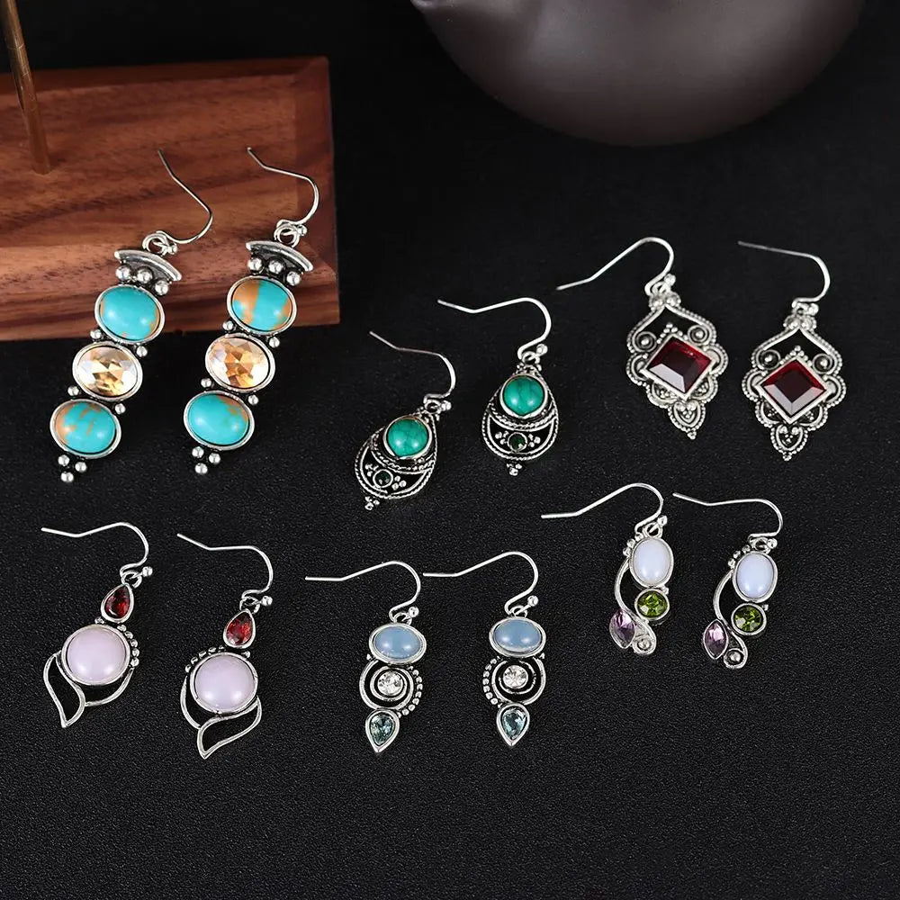 Vintage Women Natural Charm Multi-Gemstone Rainbow Moonstone Peridot Amethyst Turquoise Pendant Earrings Dangle Earrings Jewelry