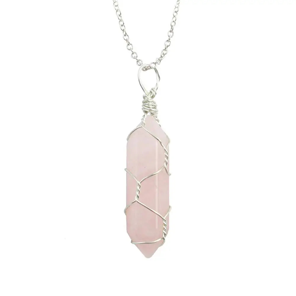 Jewelry Amethyst Tiger Eye Rose Quartz Natural Stone Hexagonal Cylindrical Crystal Necklace Wire Wrap Stone Pendant