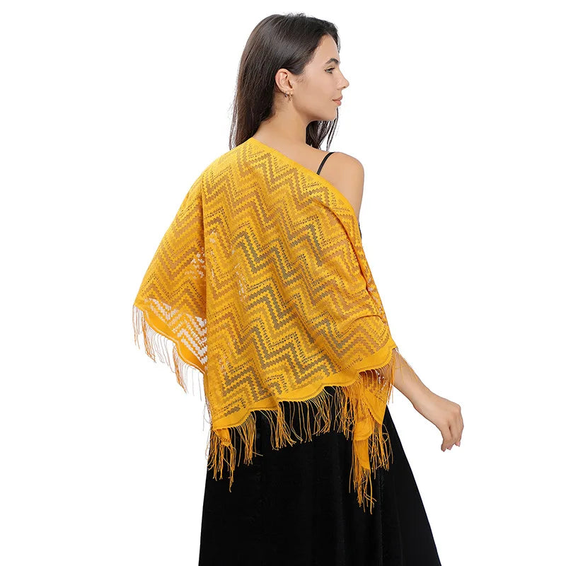 Elegant Lace Wavy Triangle Shawl Hollow Mesh Thin Breathable Tassel Scarf Party Evening Dress Versatile Shawl