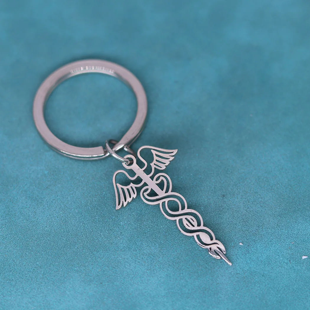 Staff Of Caduceus Medicine Symbol Keychain Stainless Steel Pendant Of Health Key Chains Of God Hermes Jewelry Doctor Nurse Gifts