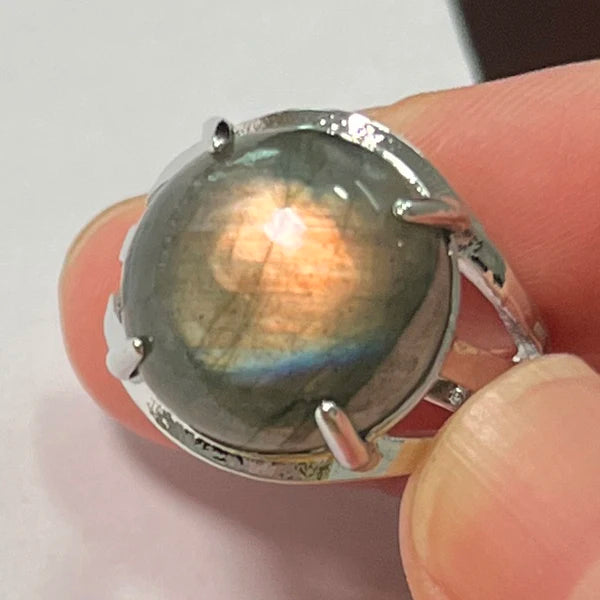 Ring Natural Stone Round Bead Blue Labradorite Adjustable Finger