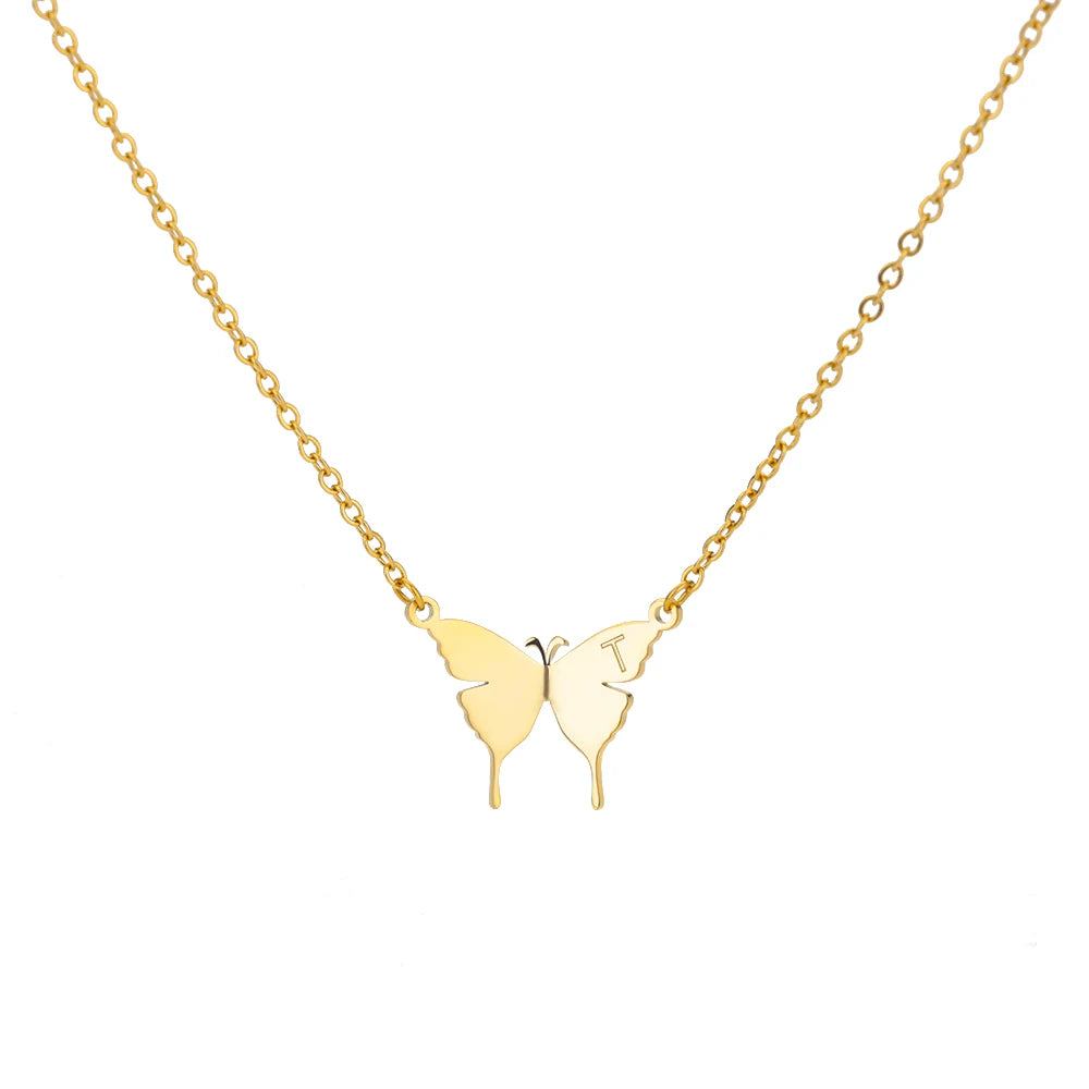 Stainless Steel Butterfly Initial Letter Necklaces For Women Minimalist Gold Color Butterfly Name Necklace Wedding Jewelry BFF
