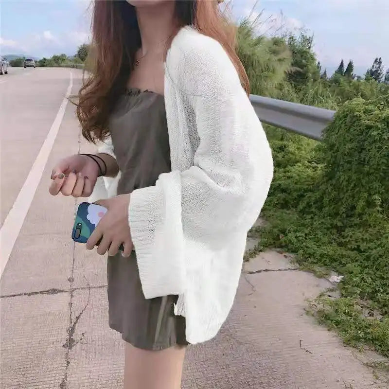Women Women's Korean College Style Lazy Loose Sunscreen Cardigan Summer Sexy Knitting Cardigan One Size