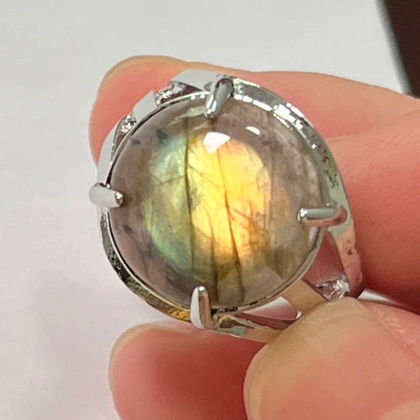 Ring Natural Stone Round Bead Blue Labradorite Adjustable Finger