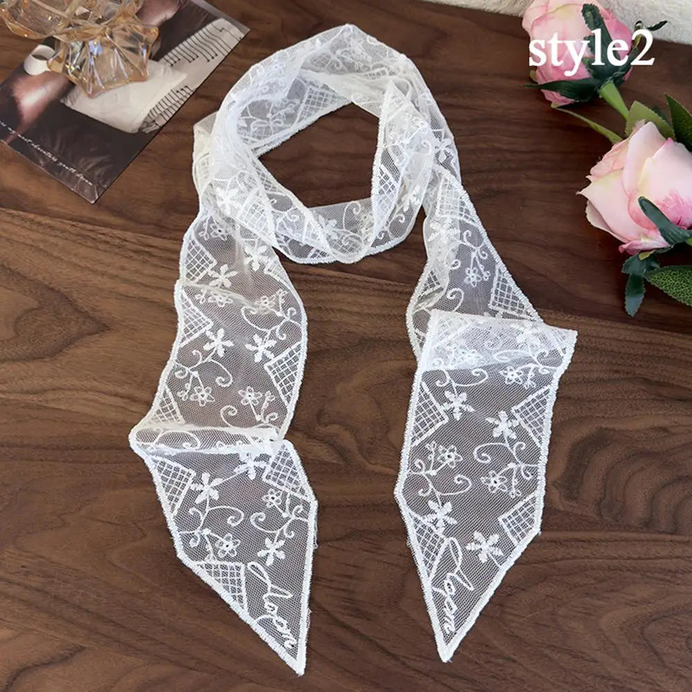 Sweet Flower Retro Lace Neck Strap Transparent Dressing Decoration Hair Band Korean Style Neckerchief Long Ribbon Head Scarf