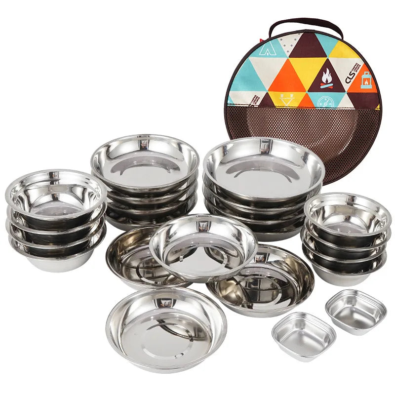 Outdoor Camping Cooking Portable Dining Plate Set of 22pcs Camping Tableware Self Driving BBQ Plate Home Soup Pot Bowl Plate Set