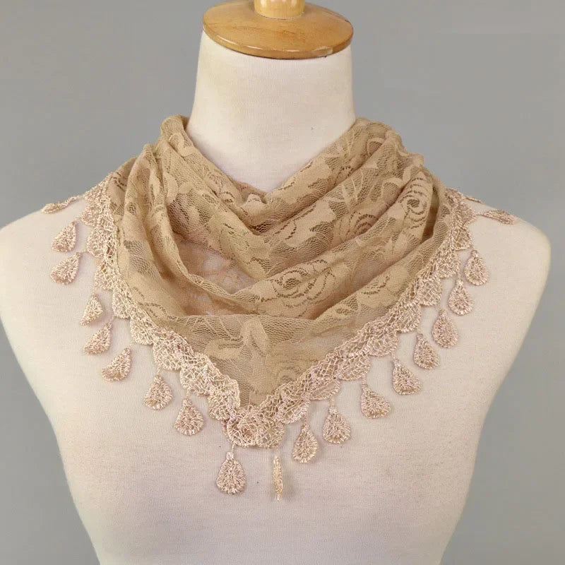 Fashion Women Triangle Wrap Fringed Shawls Head Scarf Tassel Embroidery Lace Scarves Flower Hijab Bandana Prayer Kerchief Church