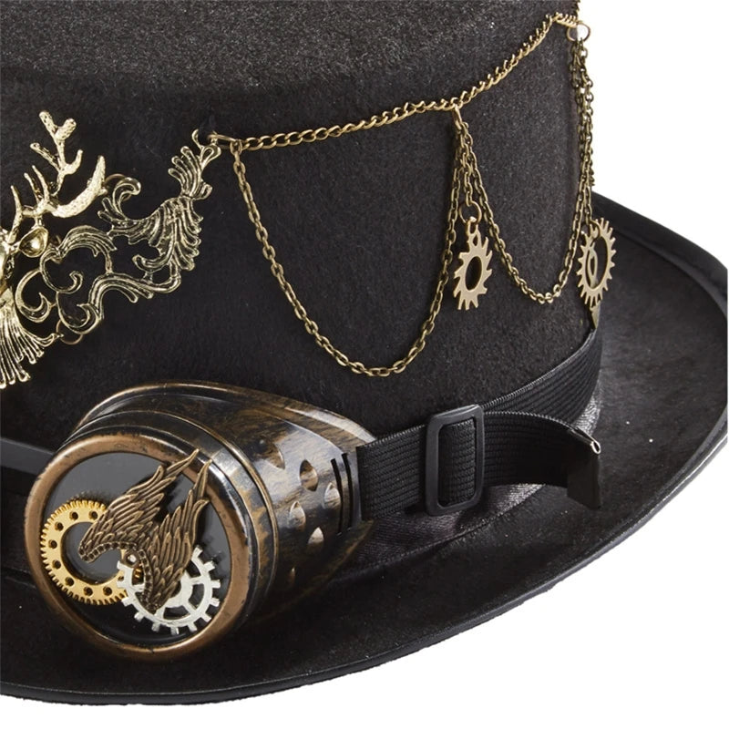 Gothic Headwear Steampunk Hat Victorian Top Hat Magic Hat Deer for Head Gears Goggles Chain Top Hat for Dress Up Costume