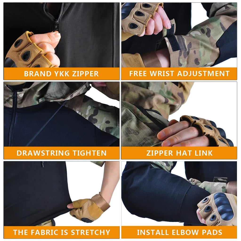 Tactical Shirt Airsoft Paintball Work Clothing Combat Shirts Cotton Multi Pockets Camo  Shirts Hooded Tops
