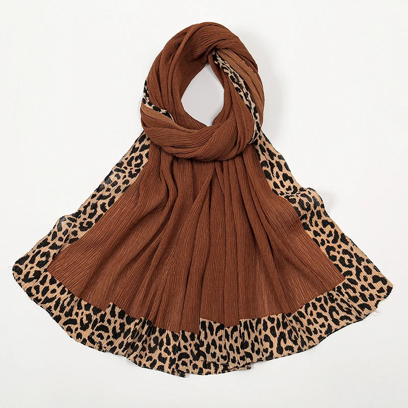 Hot Leopard Print Wrinkles Hijab Scarf Polyester Muslim Woman Hijab Shawls Lady Soft Long Wraps Femme Elegant Bandana Turban