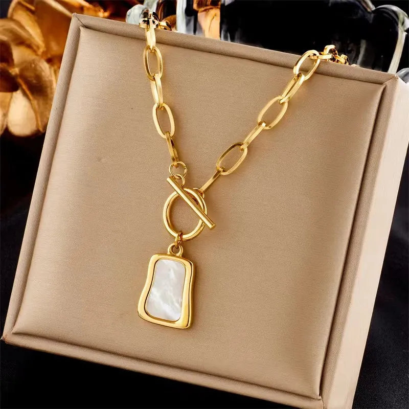 Square Natural Shell Pendant Necklace For Women Gold Color Stainless Steel O Chain Women Neck Choker Fashion Jewelry