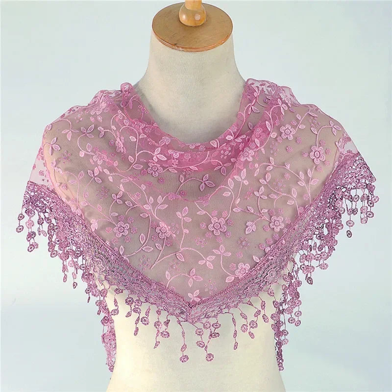 Fashion Women Triangle Wrap Fringed Shawls Head Scarf Tassel Embroidery Lace Scarves Flower Hijab Bandana Prayer Kerchief Church