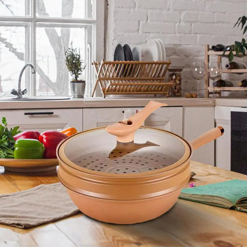 Iron Wok With Lid Frying Wok Energy-Concentrating Pot Bottom Steaming And Cooking All In 1 Induction Cookware Non-Stick Frying