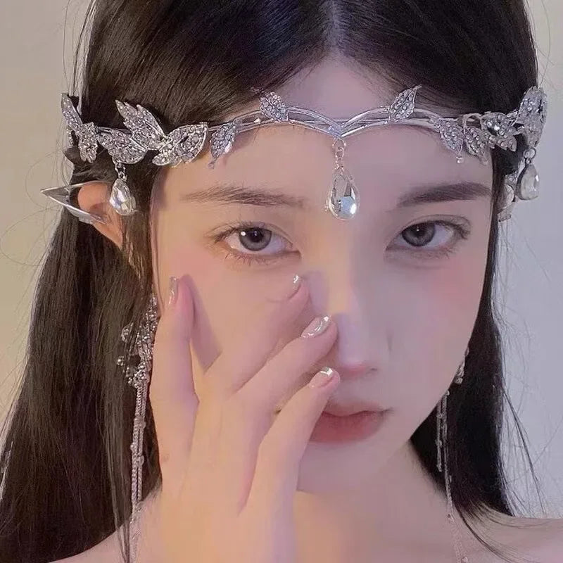 Wedding Bridal Headband for Brides Crystal Teardrop Rhinestone Leaf Hair Accessory Elf Crown Tiara for Elf Cosplay Party
