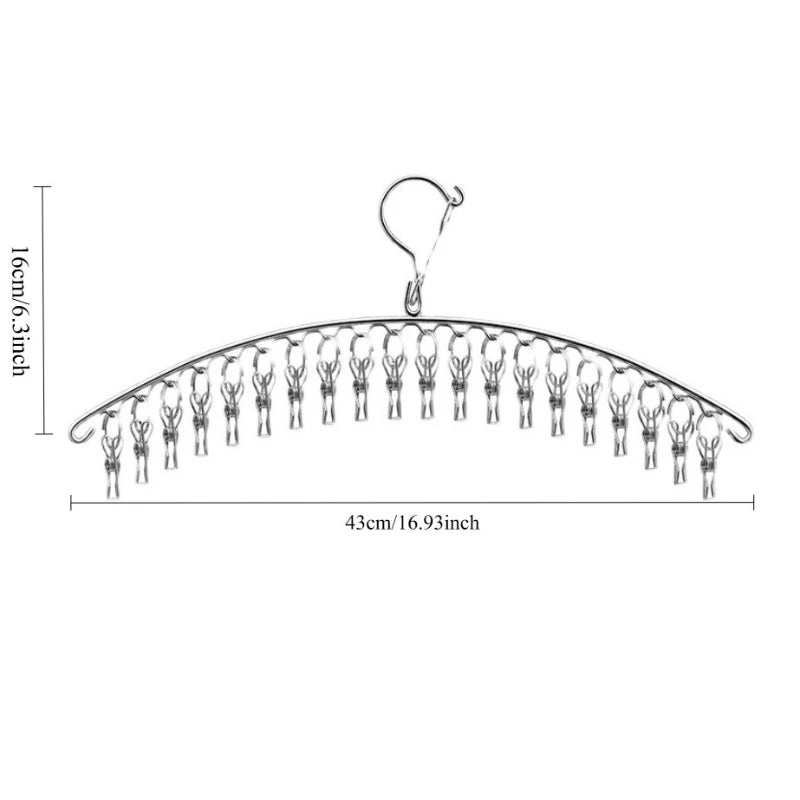 Heavy Duty Stainless Steel Laundry Hanger 20 Clip Windproof Sock Dryer Rack Curved Garment Organizer for Home Dorm Clothes Airer