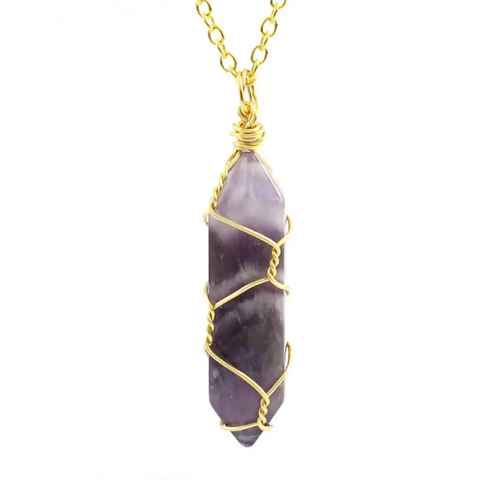 Jewelry Amethyst Tiger Eye Rose Quartz Natural Stone Hexagonal Cylindrical Crystal Necklace Wire Wrap Stone Pendant