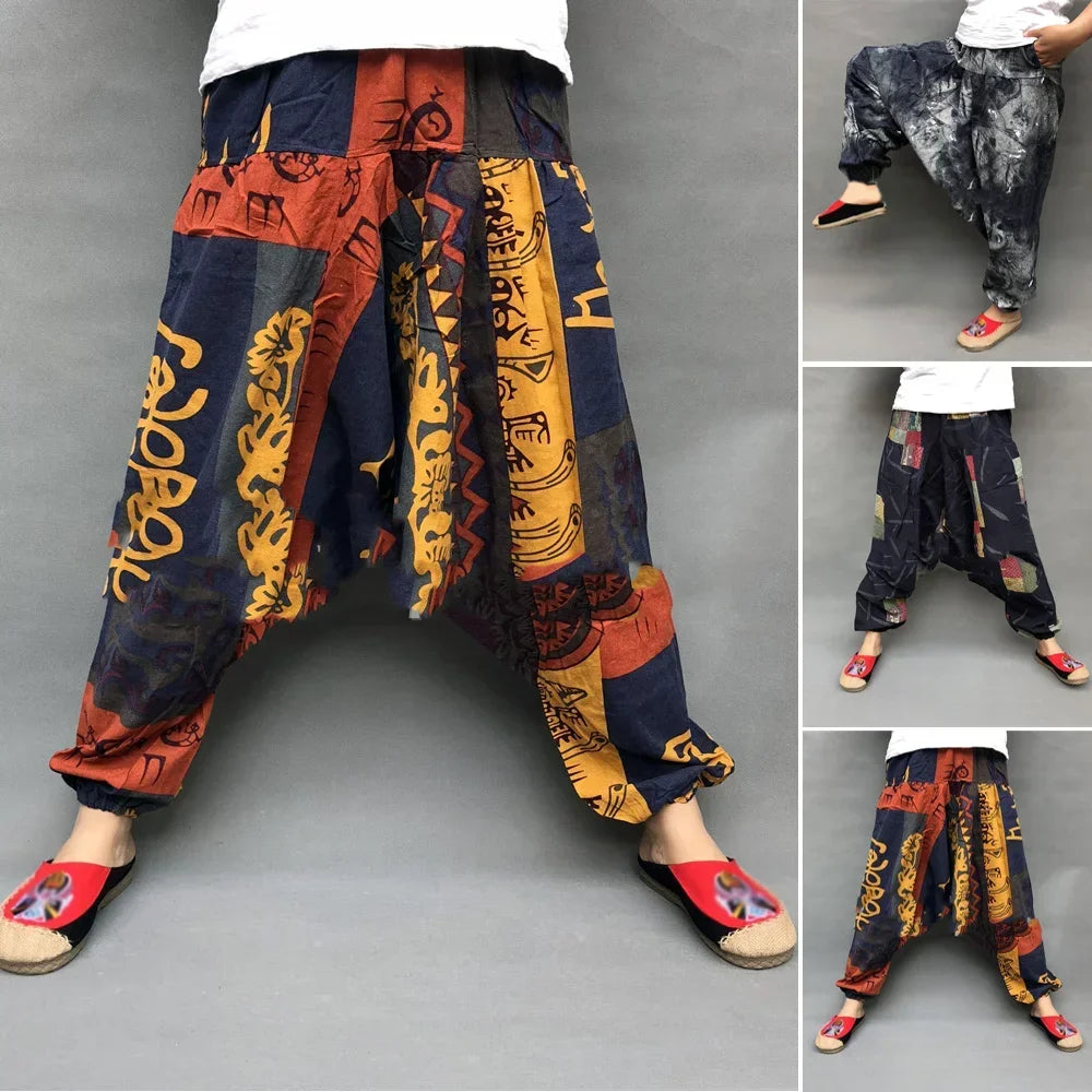 Vintage Men's Linen Loose Ethnic Printing Pants Trousers Retro Casual Harem Large Crotch Beach Pants Man Clothing