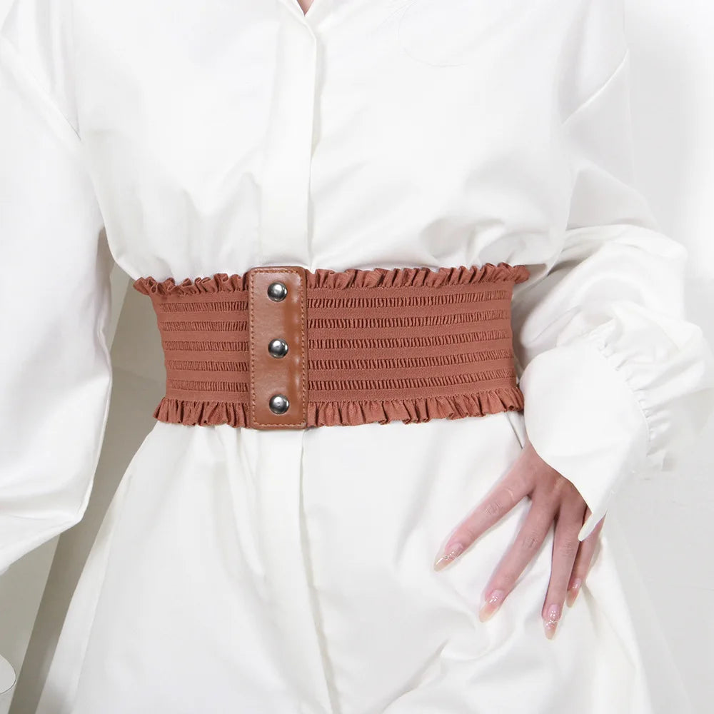 Ruffles Wide Belt Triple Buckle Elegant Elastic Waistband Decorative Dress Girdle for Women Large Size Luxury